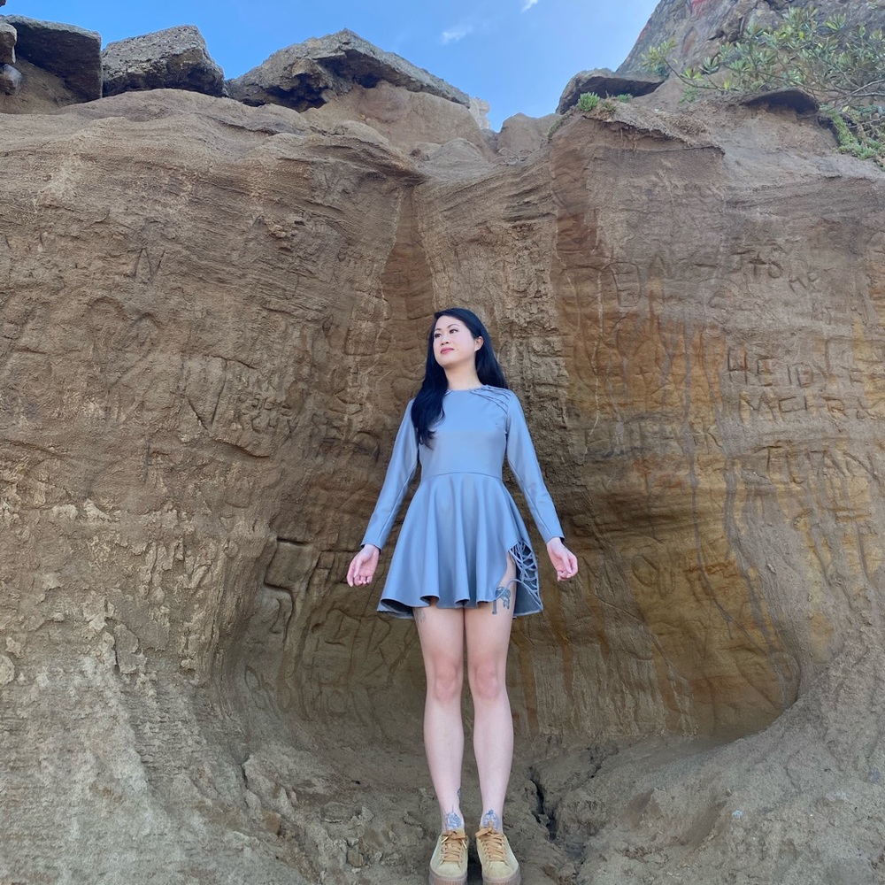 Grey Faux Leather Lace Up Long Sleeve Dress